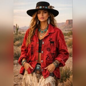 Vintage 90's Bfofo Tribal Art Jacket Size XL Southwestern Boho Cave Drawings